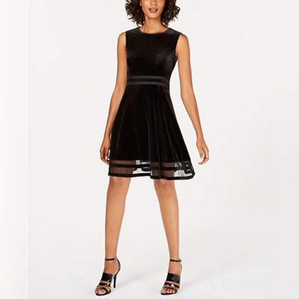 Calvin Klein Velvet Illusion A-Line Dress Black Sleeveless Knee Length